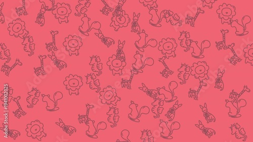 Cute seamless pattern with hand-drawn line art doodles of fox, giraffe, squirrel, and flower on a vibrant pink background. Perfect for children's designs and textiles.