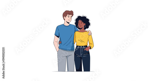 A diverse couple stands together with arms around each other, showcasing modern style and mutual affection in a clean graphic illustration