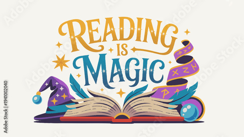 Colorful illustration of an open book with magical elements and 'reading is magic' text