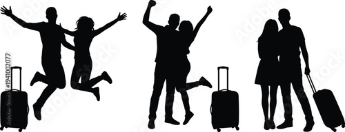 Happy travel couple silhouette with luggage, jumping and celebrating vacation journey, tourism lifestyle love relationship concept illustration