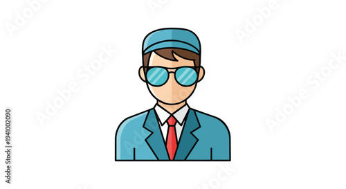 Stylized cartoon depiction of a professional individual wearing a cap and distinctive blue tinted glasses and a formal suit and tie accessory