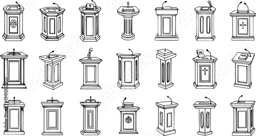 Line Art Podiums Collection. Black and White Outline Vector Set of Lecterns, Rostrums, and Pulpits for Public Speaking, Presentations, Education, and Religious Events.