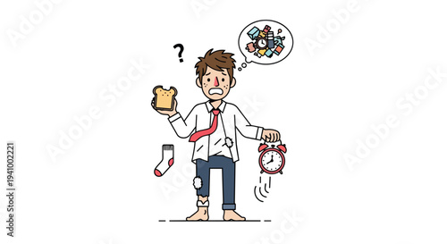 A frantic businessman struggles with time management and daily tasks, holding a slice of toast and a ringing alarm clock while feeling overwhelmed