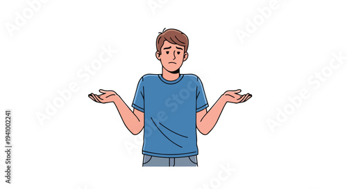 Confused young man shrugging his shoulders with open palms in a gesture of uncertainty or not knowing the answer