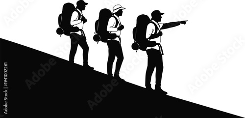 Hikers silhouettes with backpacks climbing mountain slope adventure trekking exploration travel outdoor activity isolated on white background