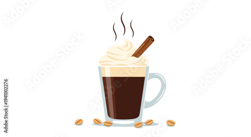 A vector illustration of a glass mug filled with dark coffee topped with whipped cream and a cinnamon stick with steam rising.