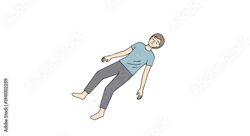 A solitary figure adrift in a state of unconsciousness or deep slumber against a blank canvas representing an inner void or unknown space