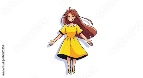 Joyful cartoon illustration of a young woman in a vibrant yellow dress with arms outstretched in a welcoming gesture against a clean white
