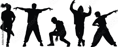 Hip hop dancers silhouettes collection showing street dance freestyle poses and urban movement isolated on white background illustration set