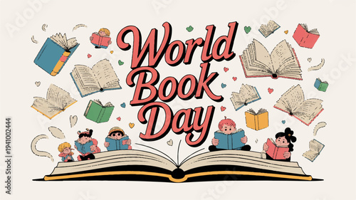 Children celebrate world book day with open book and reading accessories around them