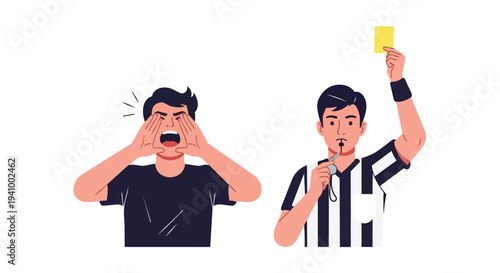 Enraged fan confronts referee in a moment of sporting contention, while the official signals with a yellow card and whistle