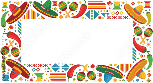 A decorative border featuring Mexican themed illustrations of sombreros and chili peppers surrounding a central white rectangular space.