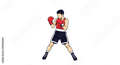 Energetic cartoon boxer in red gloves and blue shorts poised for a fight against an invisible opponent isolated on white background