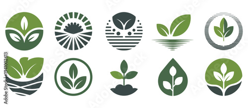 agriculture logo design set, agronomy icon collection with plants growing on farm fields, modern farming symbol illustration, minimal eco crop emblem, rural nature graphic element for organic brand, a
