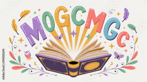 Vibrant illustration of an open book with colorful letters and floral elements on white background