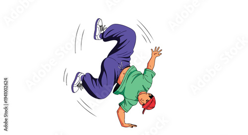 Dynamic illustration of a breakdancer performing an acrobatic move, showcasing urban dance athleticism and expressive movement on a white background