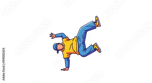 Dynamic young man performing an energetic breakdance move, showcasing athletic agility and urban dance style