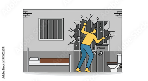 Determined individual breaks through a crumbling wall in a stark prison cell, seeking freedom and escape from confinement