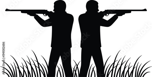 Hunter aiming rifle silhouette in grass field hunting sport shooter target practice outdoor activity black vector illustration