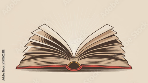 Open book with red cover and yellowed pages on beige background symbolizing education and knowledge