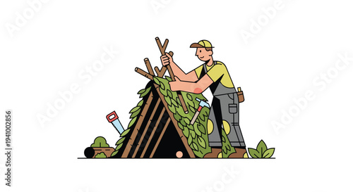 Creative person building a rustic shelter using natural materials, symbolizing resourcefulness and outdoor survival skills