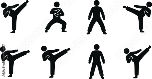 Karate martial arts icon silhouettes showing fighters performing high kicks and combat stances isolated on white background sport symbols