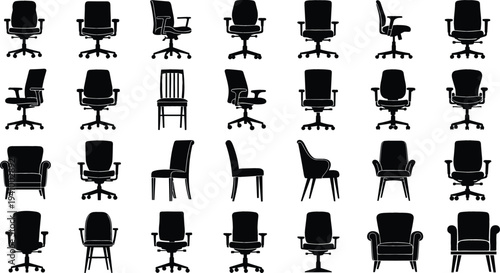 Collection of office and home chair silhouettes set including swivel chairs, armchairs and dining seats isolated on white background vector illustration