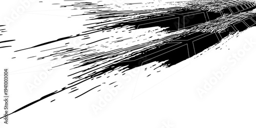 Tire tread marks, wheel textures, tire marks - car racing, motocross, drift, rally, off-road and others. Vector black isolated texture in grunge style with splashes.eps10