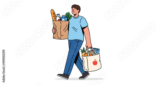 Joyful individual carrying reusable and paper bags filled with an assortment of fresh groceries and provisions