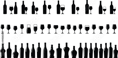Collection of wine bottles and glasses silhouettes set isolated on white background, bar beverage icons for restaurant menu, winery branding and drink design