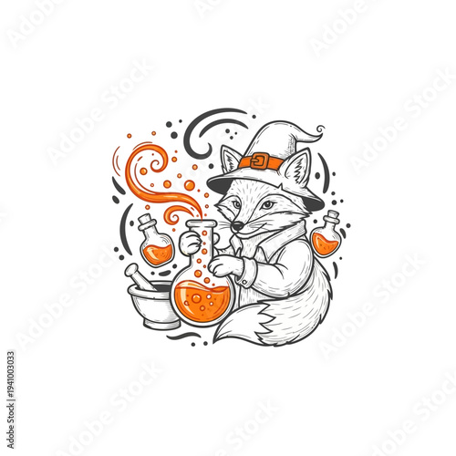 Charming Fox Alchemist Brewing Potions in a Magical Laboratory.