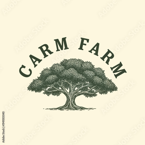 Carm Farm logo with a large, mature oak tree as its central element, symbolizing strength and nature.