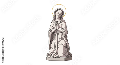 A light gray statue of the Virgin Mary kneeling in a prayerful pose with a gold halo against a white background.