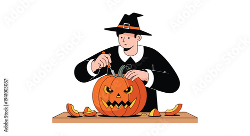 A person wearing a witch hat carves a jack-o'-lantern for Halloween festivities on a flat surface with white background