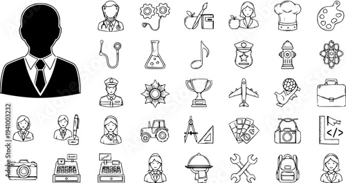 Detailed Hand-Drawn Doodle Icon Set: Occupations, Education, Science, Art, Travel, Finance, and Tools. Sketchy Vector Collection for Various Concepts and Professions.