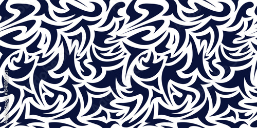 Seamless navy blue tribal pattern on white background. Versatile design perfect for sportswear, streetwear apparel, textile printing, automotive decals, and modern edgy branding.