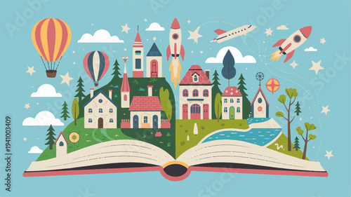 Whimsical fantasy landscape emerging from an open book with hot air balloons and rocket
