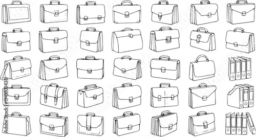Business Office Work and Education Briefcases, Bags, Folders, and Binders Collection - Hand-drawn Black and White Line Art Vector Set