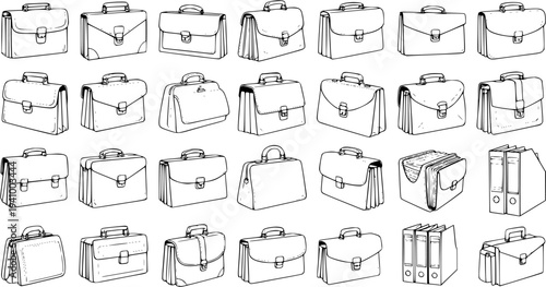 Professional Business Briefcases and Office Document Bags Collection - Hand-Drawn Black and White Line Art Vector Set for Corporate, Education, and Legal Designs