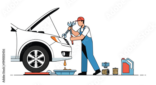 Skilled mechanic performing essential auto maintenance on a white vehicle with the hood open, utilizing tools and replacement parts for upkeep.