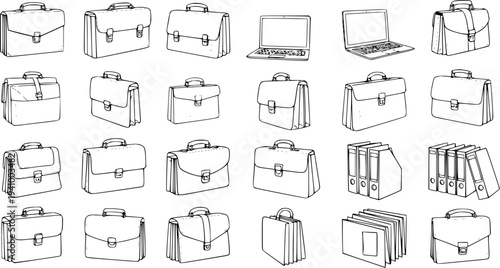 Professional Business and Office Essentials Vector Collection: Set of Black and White Line Art Briefcases, Laptops, and Document Folders for Work and Corporate Concepts.