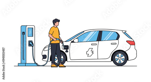 Modern eco-friendly electric vehicle charging by a person at a public station, illustration style