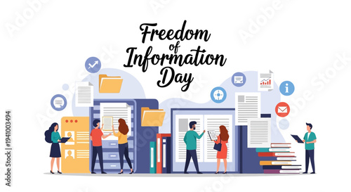 Illustration of people accessing information on Freedom of Information Day with a design concept representing the right to public access and FOIA.
