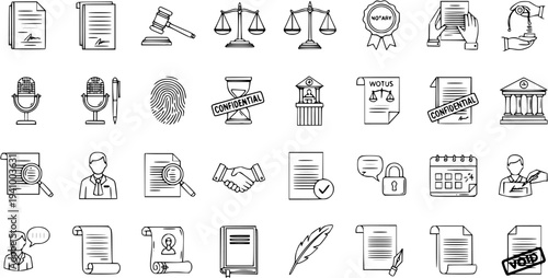 Legal Icons Set - Black and White Line Art Vector Graphics for Justice and Law