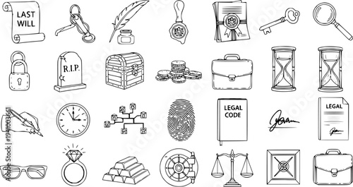 Black and White Line Art Icons: Legal and Finance Concepts - Will, Key, Law Book, Money, Court Scale, Briefcase, Safe