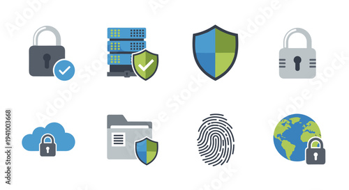 A collection of eight flat vector security icons including padlocks shields servers a fingerprint and a globe with a lock on a white background.