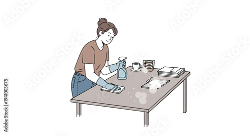 A person meticulously cleans a table, spraying a cleaner and wiping away with a cloth, demonstrating care for their surroundings and hygiene.