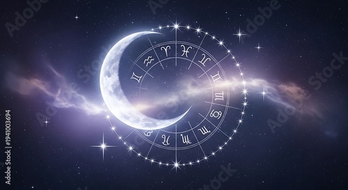 Wallpaper Mural Glowing crescent moon illuminates a mystical zodiac wheel against a deep space backdrop Torontodigital.ca