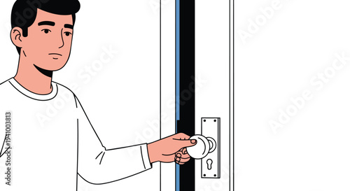 Man's hand reaching for a doorknob to enter a room, depicted with bold, clean lines and a minimalist aesthetic, suggesting an action of transition