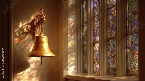 Beautiful Golden Bell with Intricate Details Hanging by Stained Glass Windows Illuminated by Soft Natural Light